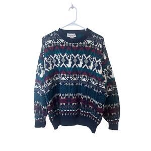 Vintage Northern Isles Cotton Knit Deer Snowflake Winter Sweater Sz M Great!
